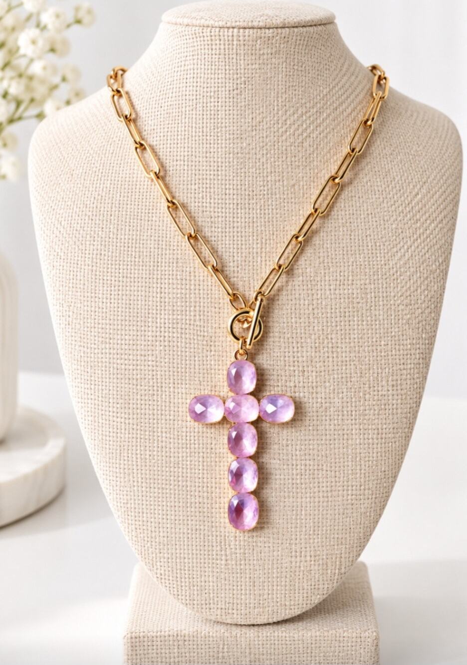 Gold Paperclip Chain Pink AB Cross Pendent New